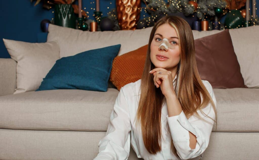 Woman in home with bandages on nose after rhinoplasty surgery in Salt Lake City, UT